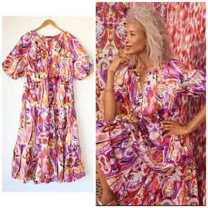 Chicos Tiered Paisley Midi Dress 40th Anniversary size 2/12 Puff Sleeves cotton